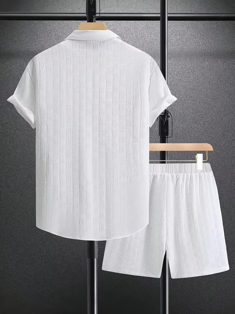 Tenue pour Homme, Ensemble 2 Pièces Coordonnées Chemise à Manches Courtes Boutonnée à Revers et à Imprimé à Carreaux et Short pour Activités de Plein Air