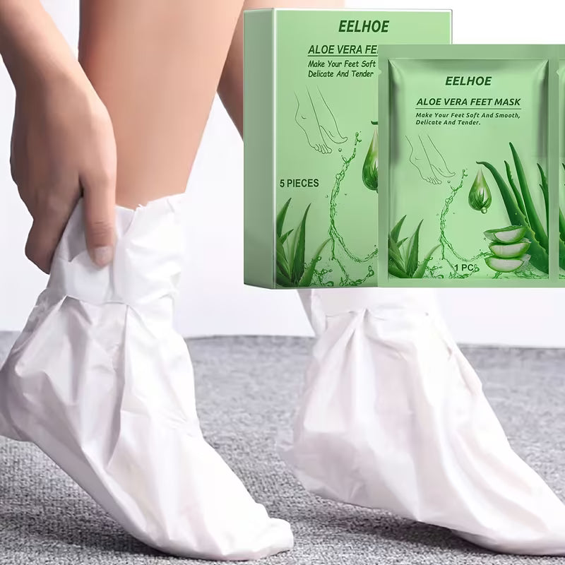 Masque pour Pieds Hydratant, Exfoliant et Raffermissant à l'Aloe Vera - 5 Pièces pour Nettoyer et Adoucir la Peau