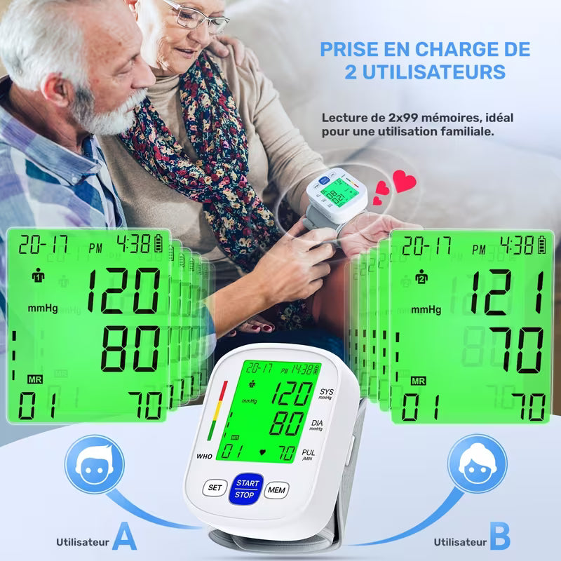 Tensiomètre de poignet BSX322, mode double utilisateur automatique portable pour usage domestique, 99 mémoires de mesures, écran rétroéclairage couleur IP22 et lecture rapide en un clic