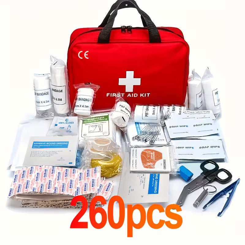 Trousse de premiers soins de luxe 260 pièces - Fournitures de sécurité essentielles pour la maison, les aventures en plein air et le camping - Portable avec ciseaux, bandages, pincettes - Rouge, sans tige de magnésium/silex