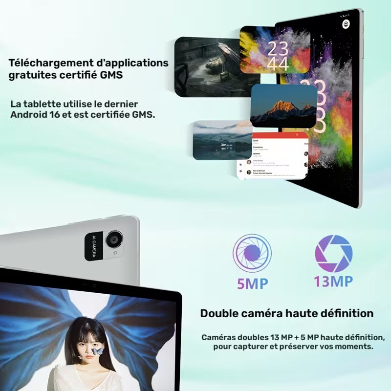 Tablette CR 10.1" Android 16 2-en-1 GMS Tab, GPS, Google, Tablette PC avec Étui de Protection