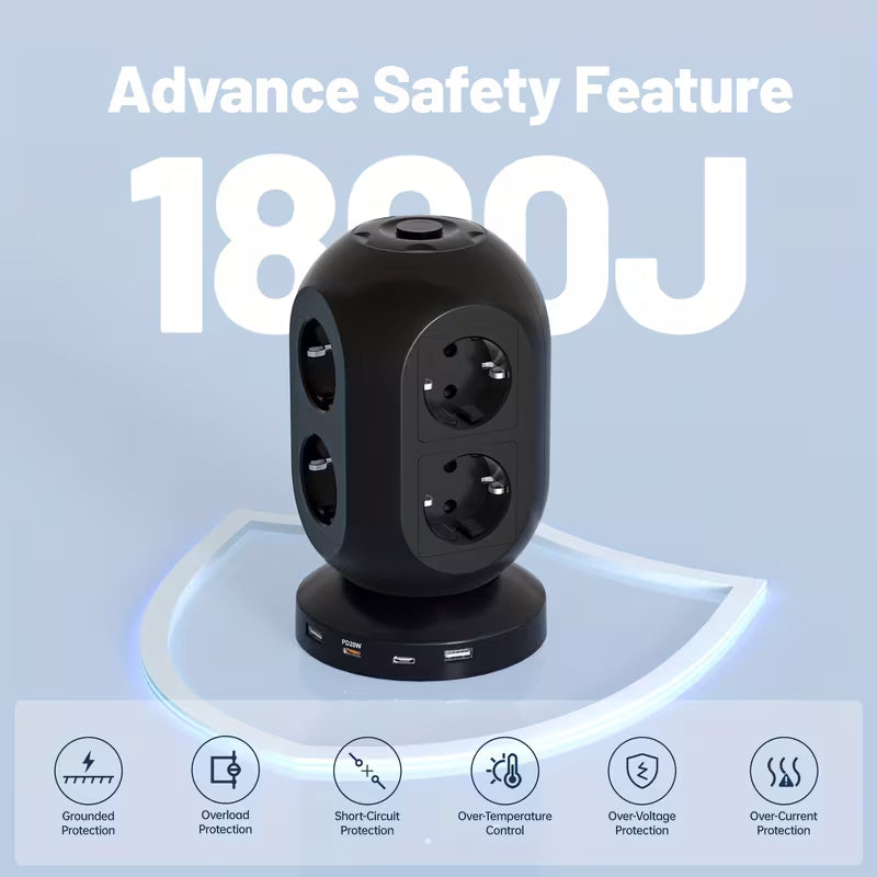Multiprise Tower avec 8 prises et 4 ports USB (2 USB-C PD20W)