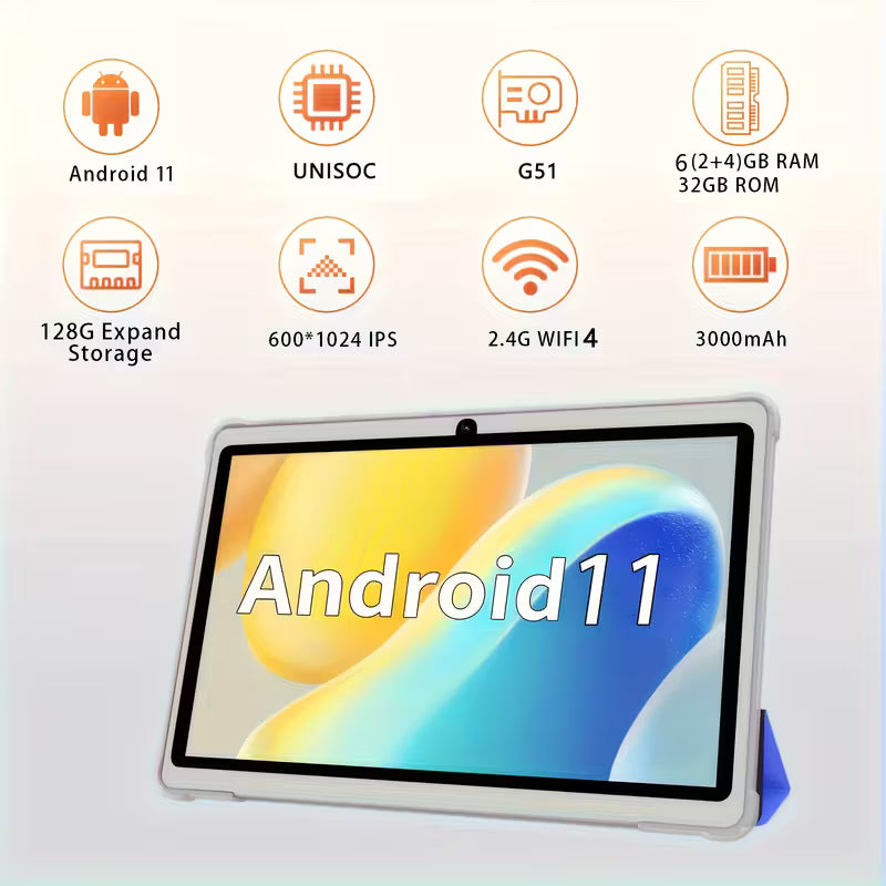 Tablette Android 11 2025, Tablette 7 pouces avec étui de , 6 Go de RAM extensible 2+4 + 32 Go de ROM, Processeur Quad-Core, Appareil photo avant 2,0 MP + arrière 2,0 MP, Tablette IPS 3000 mAh, Tablette Wi-Fi, Cadeau d'anniversaire, Fête des Pères