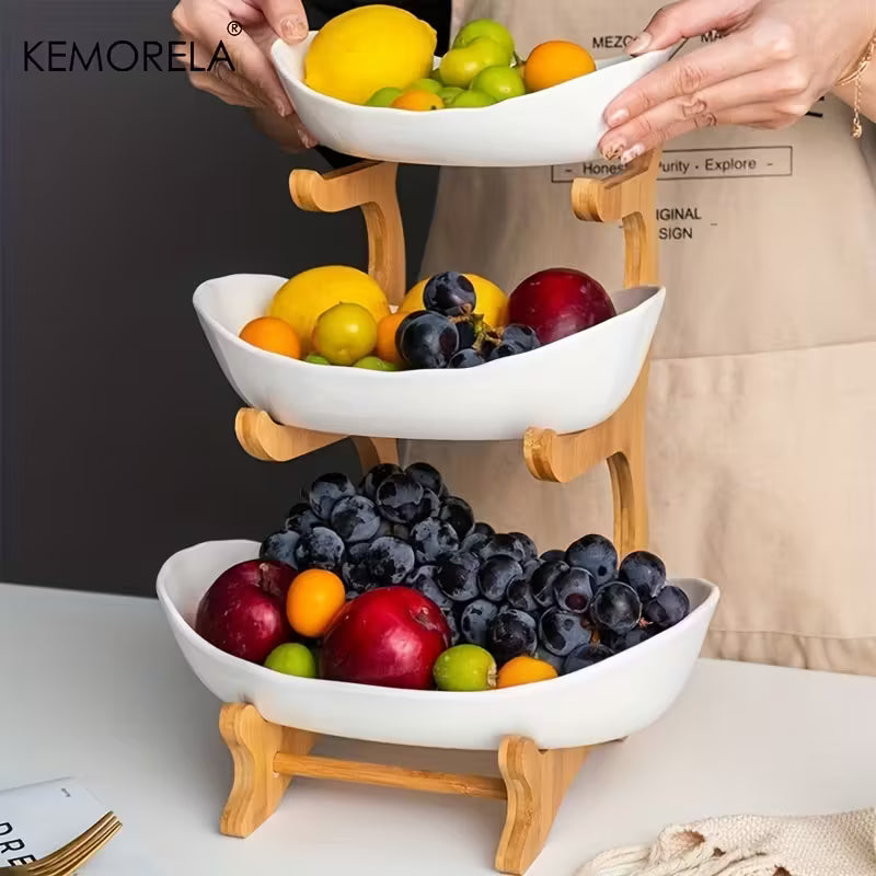 KEMORELA Panier à Fruits de Cuisine à 2/3 Niveaux, Corbeille à Fruits en Plastique, Ensemble de Corbeille à Fruits Grande Capacité, Corbeille à Fruits avec Support (Blanc et Vert)