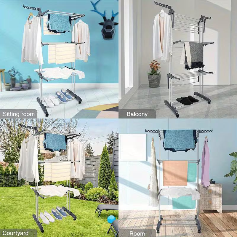 Étendoir à linge pliable 4 niveaux avec roulettes, à linge peu encombrante avec 6 ailes pliantes et 2 bras latéraux rotatifs pour une utilisation intérieure et extérieure, étendoirs