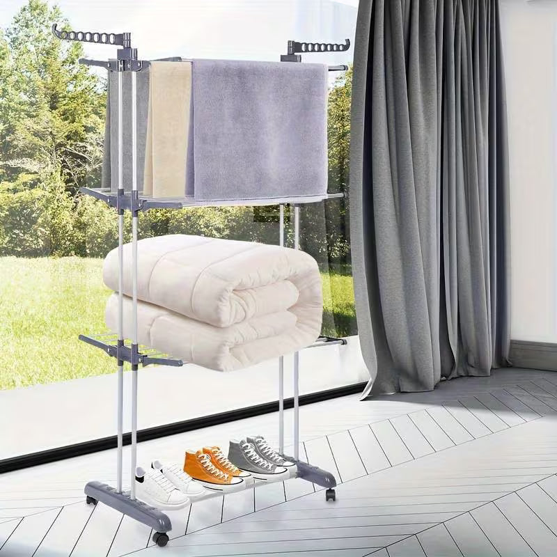 Étendoir à linge pliable 4 niveaux avec roulettes, à linge peu encombrante avec 6 ailes pliantes et 2 bras latéraux rotatifs pour une utilisation intérieure et extérieure, étendoirs