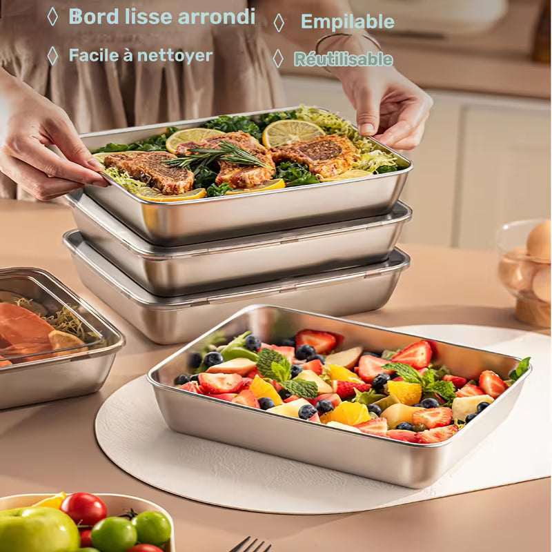 Ensemble de 3 grands récipients de conservation des aliments carrés en acier inoxydable avec couvercle transparent - Anti-fuite