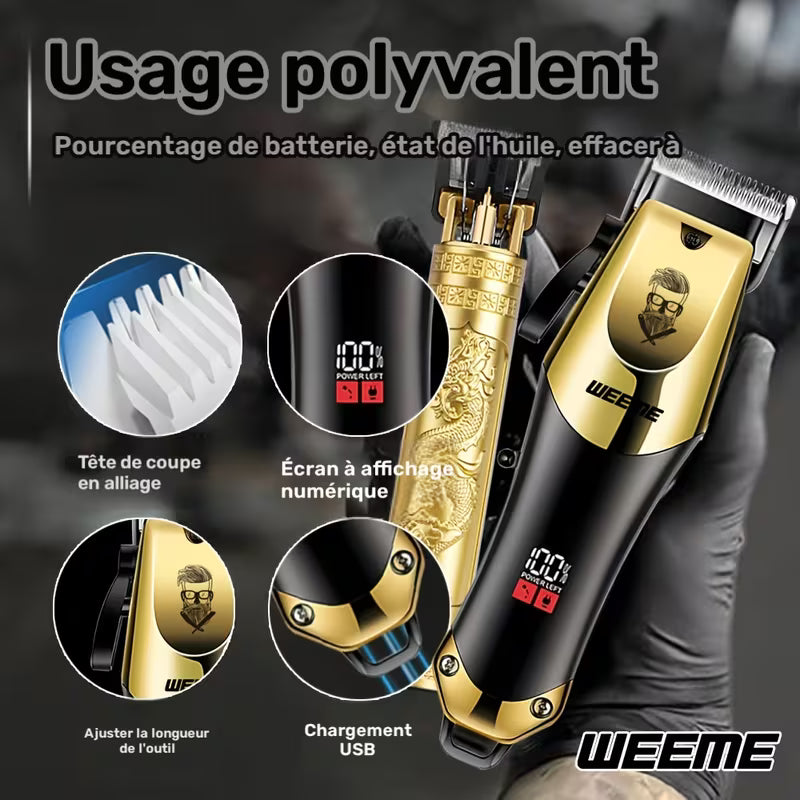 3 pcs. Ensemble de coiffure électrique pour hommes WEEME - Ensemble coiffure pour la maison, appareil électrique à charge par USB, affichage LCD