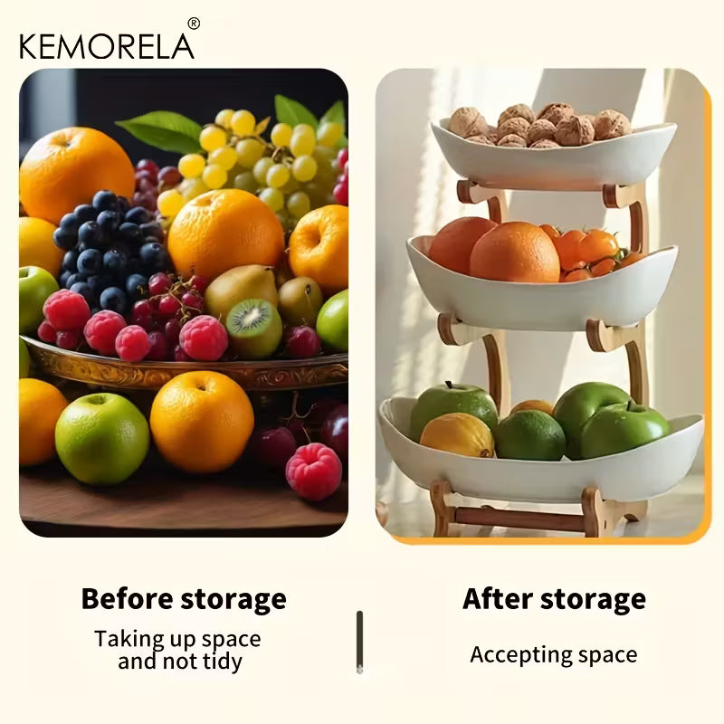 KEMORELA Panier à Fruits de Cuisine à 2/3 Niveaux, Corbeille à Fruits en Plastique, Ensemble de Corbeille à Fruits Grande Capacité, Corbeille à Fruits avec Support (Blanc et Vert)
