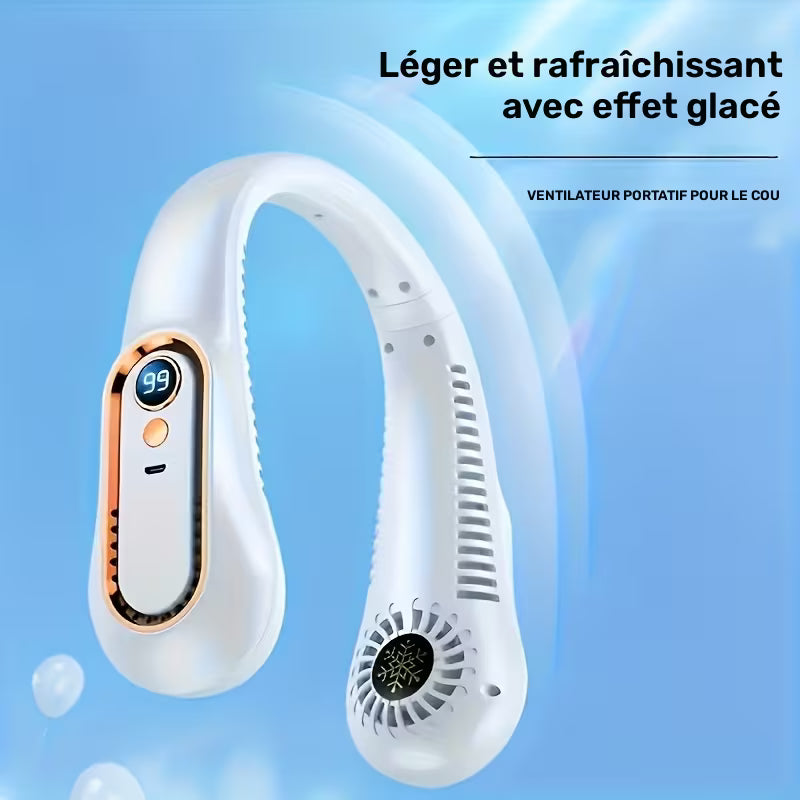 Ventilateur de cou sans pales, mini ventilateur de sport portable rechargeable par USB, refroidissement rapide et sans danger, ventilateur silencieux, 5 vitesses et affichage numérique, ventilateur de camping d'été en plein air