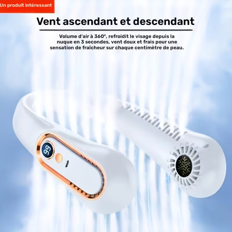 Ventilateur de cou sans pales, mini ventilateur de sport portable rechargeable par USB, refroidissement rapide et sans danger, ventilateur silencieux, 5 vitesses et affichage numérique, ventilateur de camping d'été en plein air