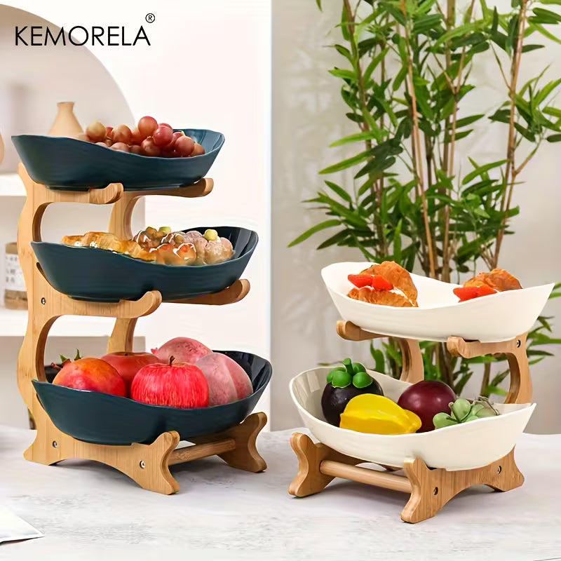 KEMORELA Panier à Fruits de Cuisine à 2/3 Niveaux, Corbeille à Fruits en Plastique, Ensemble de Corbeille à Fruits Grande Capacité, Corbeille à Fruits avec Support (Blanc et Vert)