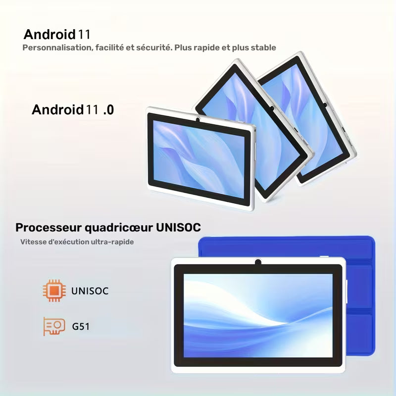 Tablette Android 11 2025, Tablette 7 pouces avec étui de , 6 Go de RAM extensible 2+4 + 32 Go de ROM, Processeur Quad-Core, Appareil photo avant 2,0 MP + arrière 2,0 MP, Tablette IPS 3000 mAh, Tablette Wi-Fi, Cadeau d'anniversaire, Fête des Pères