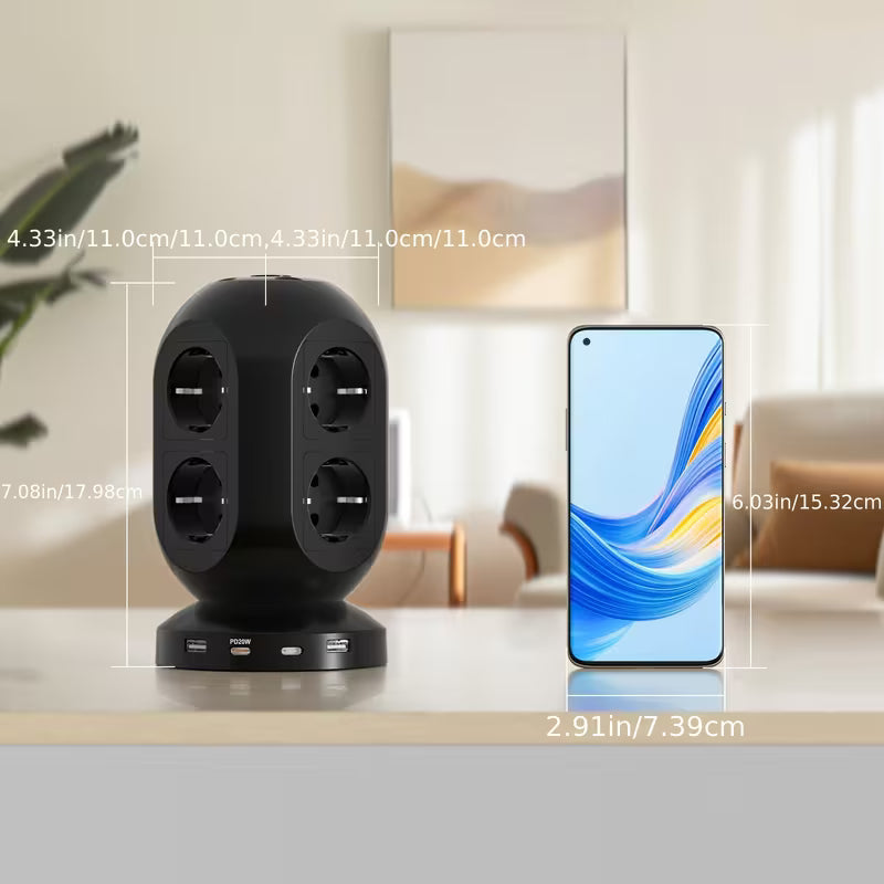 Multiprise Tower avec 8 prises et 4 ports USB (2 USB-C PD20W)