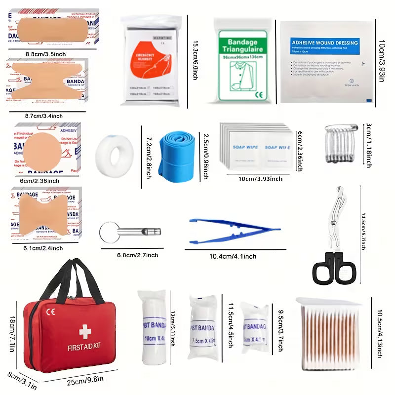 Trousse de premiers soins de luxe 260 pièces - Fournitures de sécurité essentielles pour la maison, les aventures en plein air et le camping - Portable avec ciseaux, bandages, pincettes - Rouge, sans tige de magnésium/silex