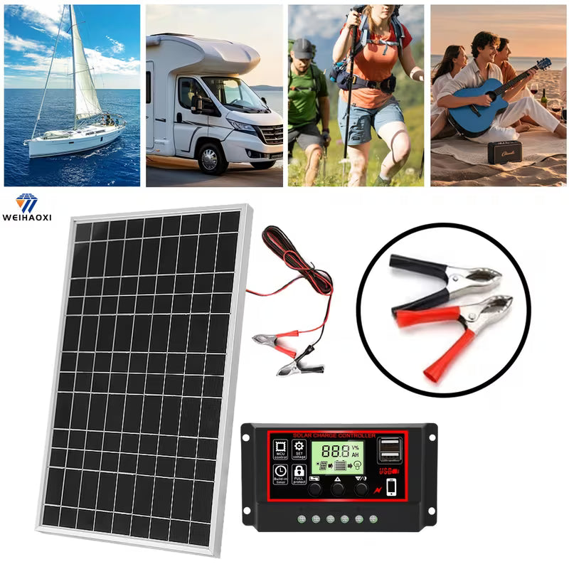 WEIHAOXI 1pc Kit de Panneau Solaire pour VR, Contrôleur 60A en Option, Interface de Sortie 12V DC, pour Alimentation Portable, Camping, Randonnée, Camping-cars, Bateaux, Téléphones Mobiles, Lampadaires, Etc.