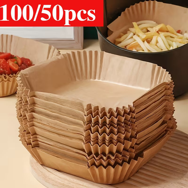 Lot de 100/50 Doublures pour Friteuse à Air - Universelles pour Four et Micro-ondes, Papier de Cuisson Antiadhésif - Sans Revêtement, Résistantes à la Chaleur pour Usage Domestique et Commercial